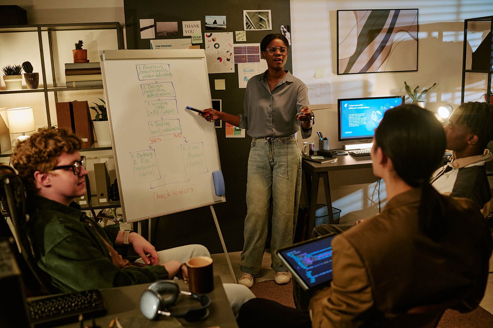 Black Woman Leading Software Team Meeting and Agile Planning